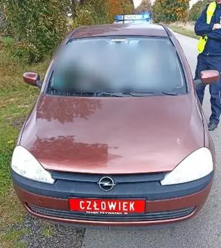 Na tablicach rejestracyjnych napis "człowiek". Za kierownicą kobieta bez prawa jazdy