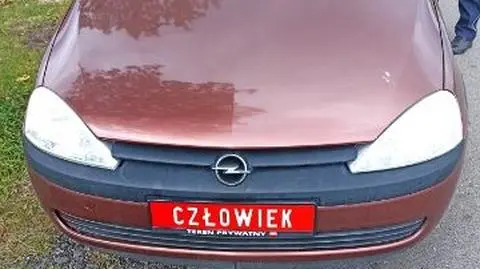 Na tablicach rejestracyjnych napis "człowiek". Za kierownicą kobieta bez prawa jazdy