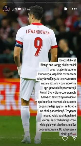 Lewandowski osobiście poinformował, że nie przyjedzie na zgrupowanie