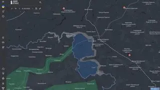 Mapa projektu DeepState. Na niebiesko zaznaczono obszary obwodu kurskiego, które kontroluje armia ukraińska