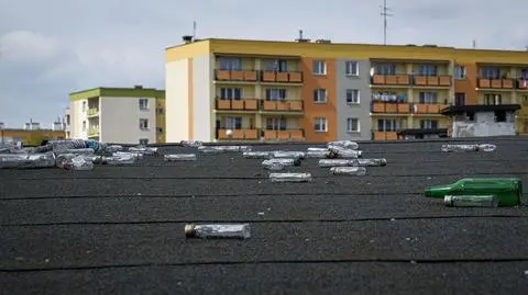 Butelki po alkoholu leżące na dachu zabudowań gospodarczych na jednym z osiedli w Warce (zdjęcie z 25 kwietnia 2020 roku)