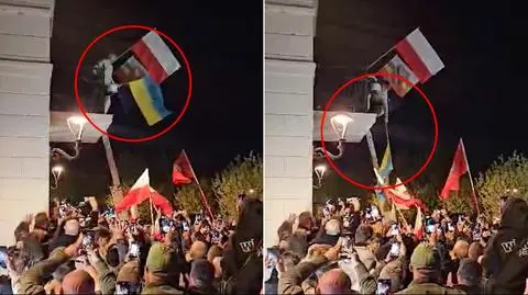 Mężczyzna ściągnął flagę Ukrainy podczas wiecu Grzegorza Brauna