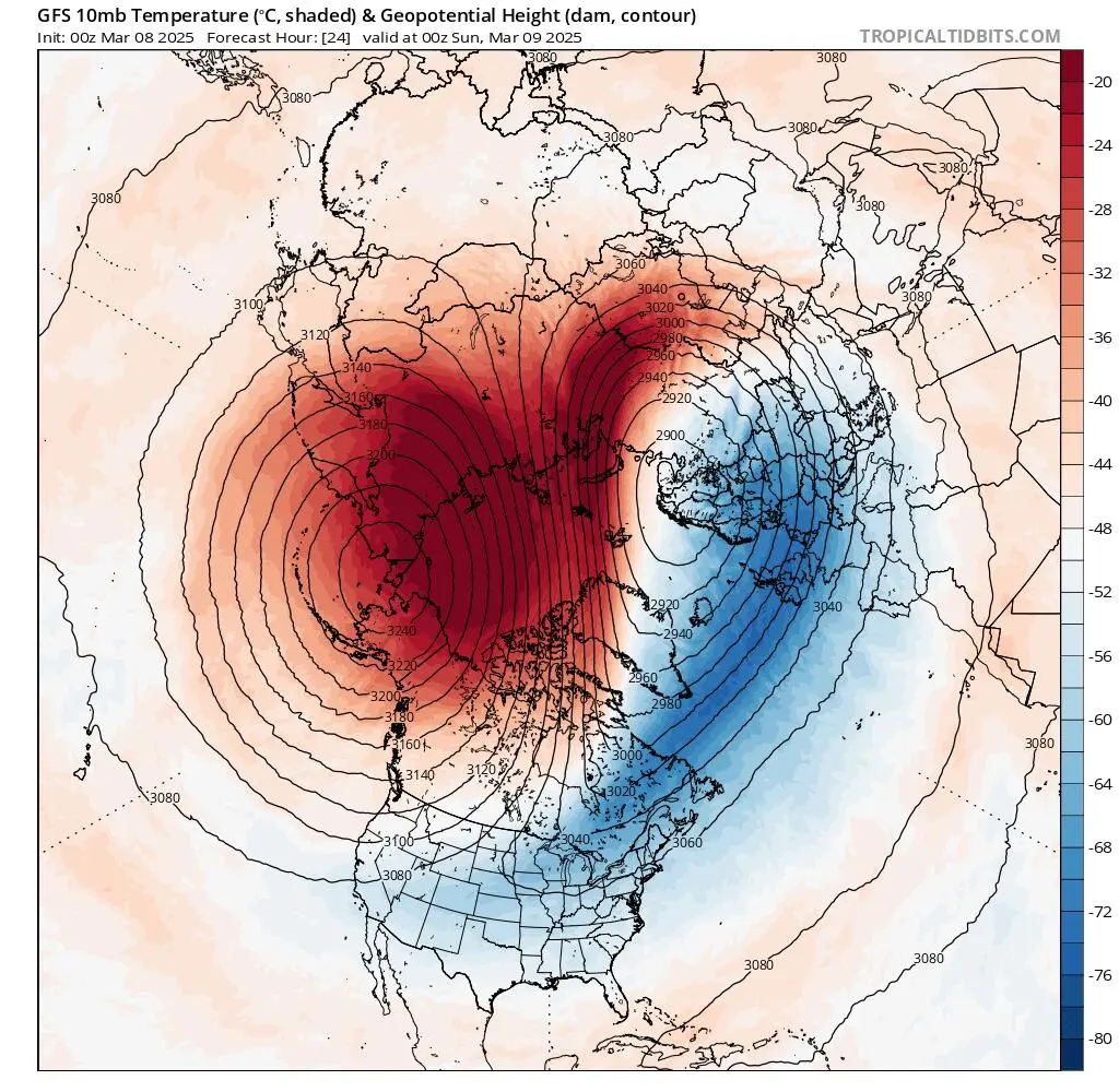 Pole temperatury na wysokości 30 km nad biegunem północnym 8 marca
