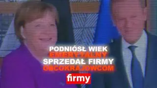 Kadr z jednego ze spotów referendalnych FRGI. W tle Donald Tusk i Angela Merkel