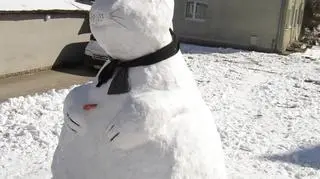 Wielkanocny zając ze śniegu stoi na ul
