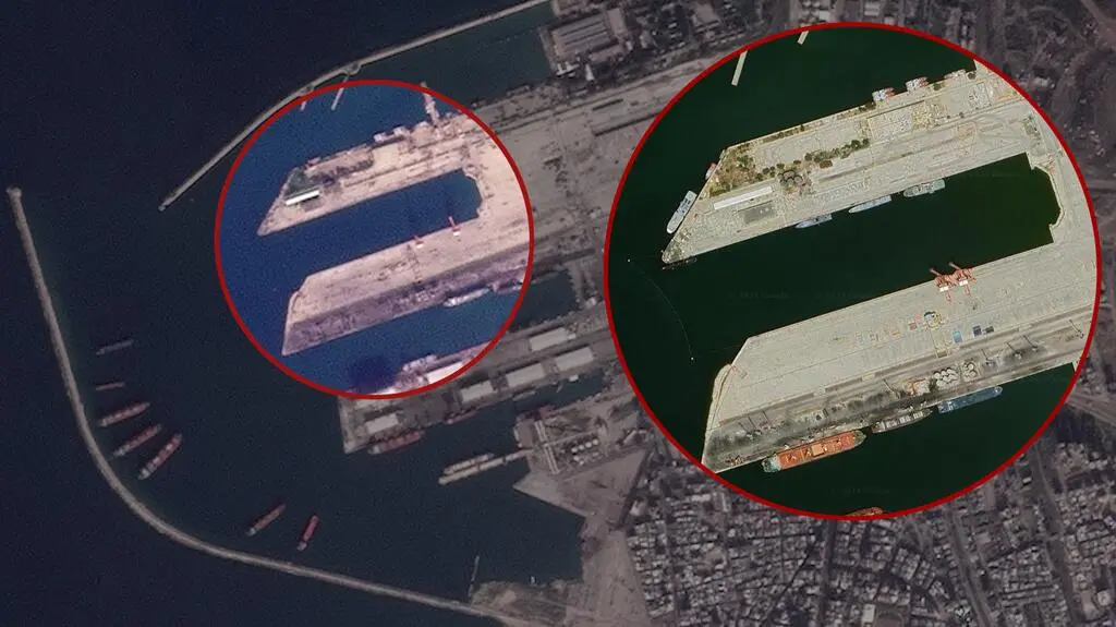 Port Tartus. W kółku ujęcie sprzed 8 grudnia (widać rosyjskie okręty), na ogólnym zdjęciu ujęcie z 9 grudnia