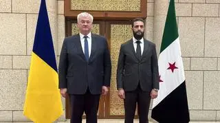 Minister spraw zagranicznych Ukrainy Andrij Sybiha (po lewej) i nowy przywódca Syrii Ahmed al-Szara (po prawej), Damaszek (30.12.2024 r.)