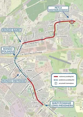 Przebieg linii tramwajowej do Mistrzejowic