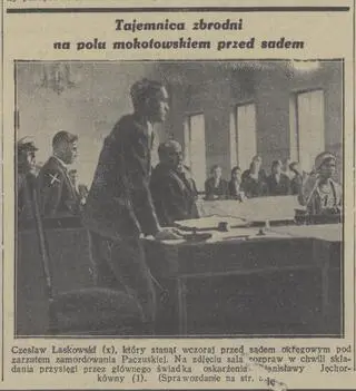 Czesław Laskowski przed sądem (zaznaczony "X") i Maria Jęchorek (zaznaczona "1")