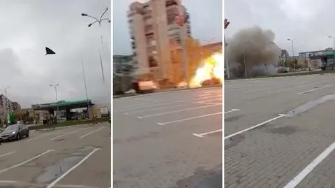Rosyjski dron uderzył w ruchliwą ulicę i eksplodował. Jedna osoba wszystko nagrała