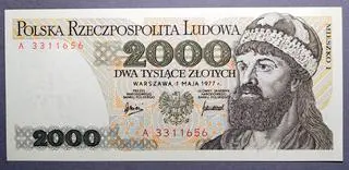 Stary banknot o wartości 2000 zł z Mieszkiem I i Bolesławem Chrobrym