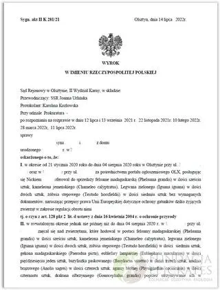 Sąd Rejonowy w Olsztynie skazał hodowcę egzotycznych gadów, który znęcał się nad kilkudziesięcioma hodowanymi przez siebie zwierzętami m.in. poprzez utrzymywanie ich w niewłaściwych warunkach bytowania