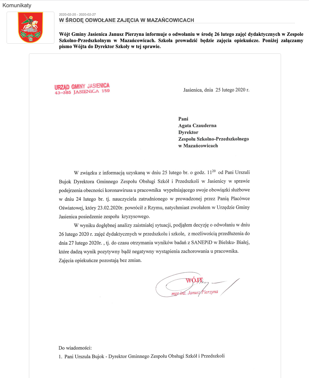 Komunikat wójta Jasienicy w sprawie zamknięcia szkoły
