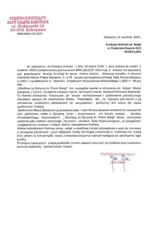 2020 rok. Stanowisko przewodniczącego Rady Miasta Zakopane ws. odmawiania modlitwy na sesjach