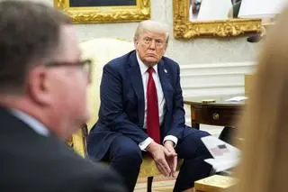Donald Trump podczas spotkania z Markiem Rutte (14.07.2025)
