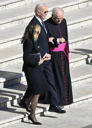 Former US president Joe Biden and his wife Jill come to the funeral mass of Pope Francis in Saint Peter's Square