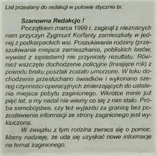 Rodzina Zygmunta Korfantego nie ustawała w poszukiwaniach. Zaginionego mężczyzny szukała m.in. poprzez komunikaty w lokalnych i regionalnych mediach