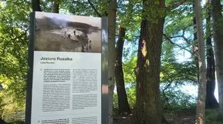 Tablica informacyjna na brzegu jeziora