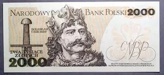 Bolesław Chrobry na starym banknocie o wartości 2 tysięcy złotych. To był jedyny banknot, na którym znalazły się dwie postaci (poza Chrobrym także Mieszko I)