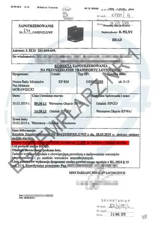 Premier Morawiecki leci do z Warszawy do Gdańska i z powrotem, w zapotrzebowaniu polecenie wydzielenia samolotu zapasowego na każdym lotnisku