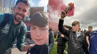 Nataniel, syn Bartłomieja Rakowieckiego, w towarzystwie bramkarza zespołu Bena Fostera i podczas fety na stadionie Wrexham