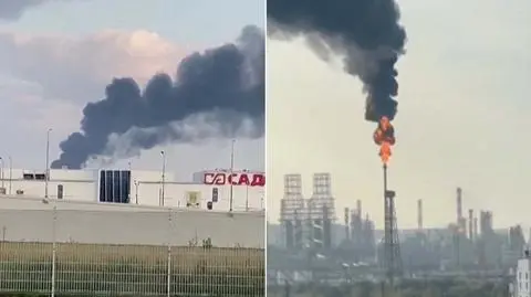Atak dronów na rafinerię w obwodzie moskiewskim. Ujęcie z nagrania