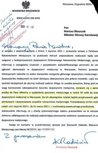 Pismo wojewody mazowieckiego do ministra obrony