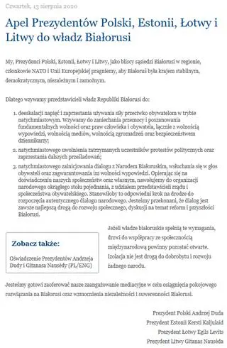 Apel prezydentów Polski, Estonii, Litwy i Łotwy do władz Białorusi