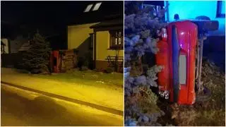 Samochód wylądował na boku, tuż przed domem