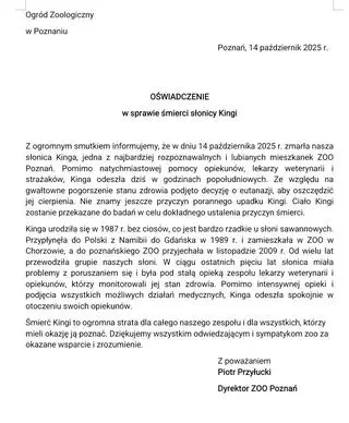 Oświadczenie dyrektora poznańskiego zoo w sprawie śmierci słonicy Kingi