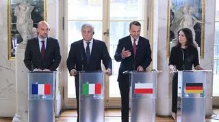 The foreign ministers of Poland, Germany, France, Italy, Poland, and Germany at a press conference in Warsaw