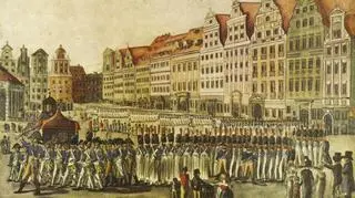 Defilada wojsk napoleońskich we Wrocławiu w roku 1808, w tle zachodnia ściana Rynku