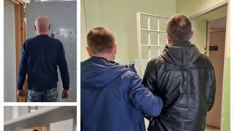 kolaż zdjęcia z trzema zatrzymanymi, w lewym górnym rogu zatrzymany stoi tyłem, poniżej zatrzymany stoi za kratami po prawej stronie policjant prowadzi zatrzymanego
