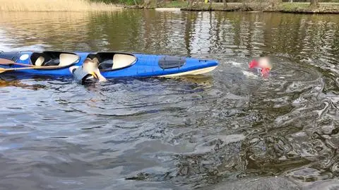 Przewrócony kajak, w wodzie dwóch mężczyzn. Akcja w Augustowie