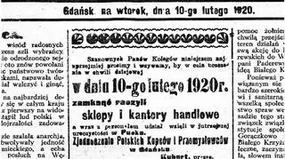 Ogłoszenie Zjednoczenia Polskich Kupców i Przemysłowców w Gdańsku zamieszczone na stronie tytułowej "Gazety Gdańskiej"