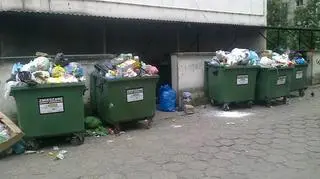 Zamiast w środku, kontenery stoją na zewnątrz śmietnika 