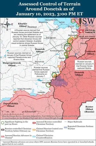 Mapa ISW przedstawiająca sytuację na froncie w Donbasie (stan na 11.01.23). Na niebiesko tereny odbite przez Ukraińców, na różowo obszary kontrolowane przez Rosjan, na żółto terytoria zdobyte przez agresora 