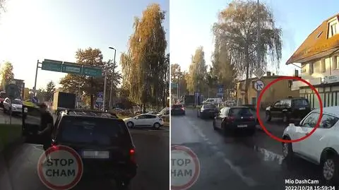 Kierowca jechał po chodniku, kiedy inny mężczyzna zatrąbił na niego, zatrzymał auto