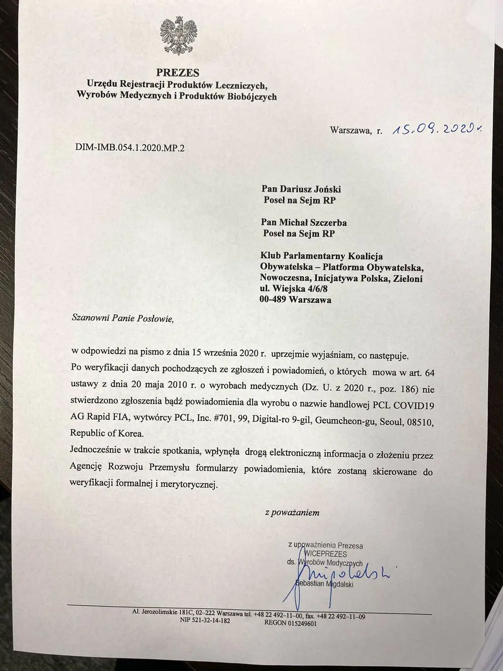 Pismo wiceprezesa Urzędu Rejestracji Produktów Leczniczych, Wyrobów Medycznych i Produktów Biobójczych