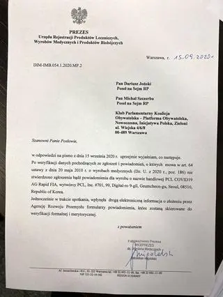Pismo wiceprezesa Urzędu Rejestracji Produktów Leczniczych, Wyrobów Medycznych i Produktów Biobójczych
