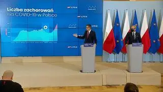 Mateusz Morawiecki tłumacząc wcześniejsze słowa wskazuje na wykres z liczbą zachorowań na COVID-19 