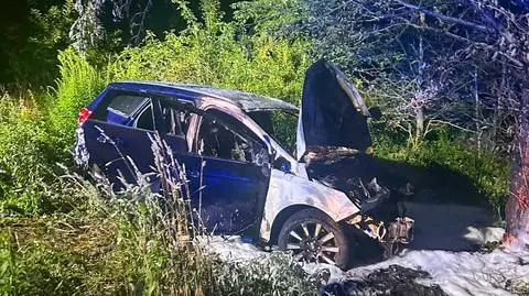 Auto po uderzeniu w drzewo stanęło w ogniu