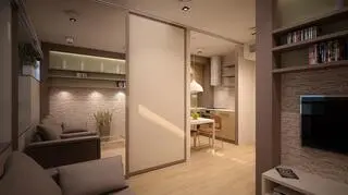 Za przesuwaną ścianą jest miejsce na łóżko