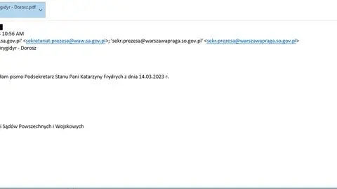 Mail w sprawie delegacji sędzi Brygidyr-Dorosz udostępniony przez Ministerstwo Sprawiedliwości 