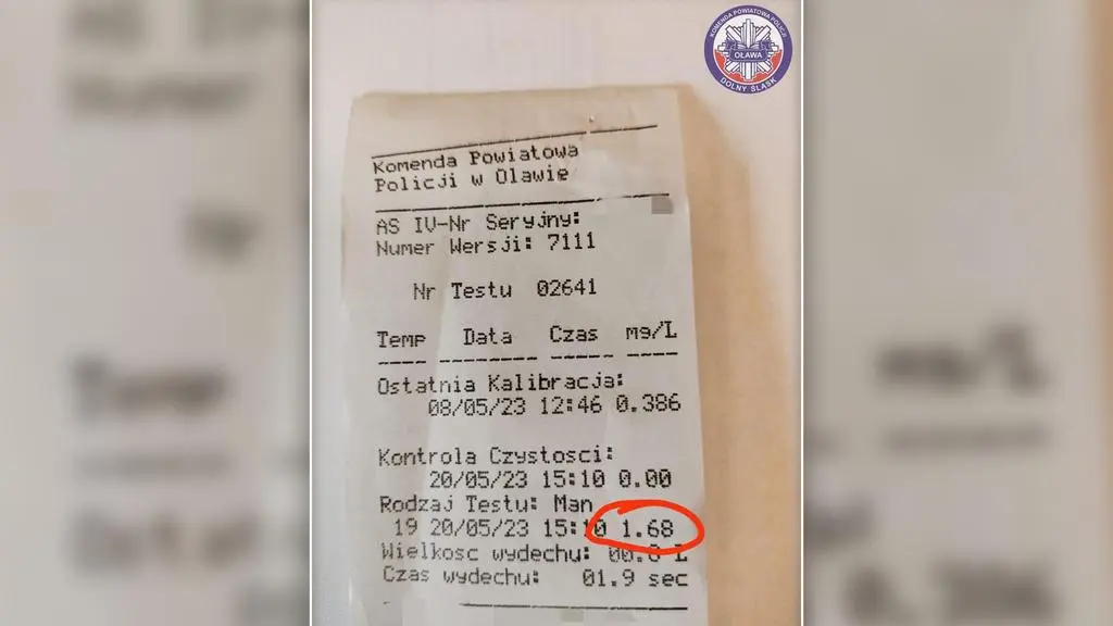 Badanie wskazało 1,68 mg/l alkoholu w organizmie kobiety, co po przeliczeniu dało 3,5 promila alkoholu