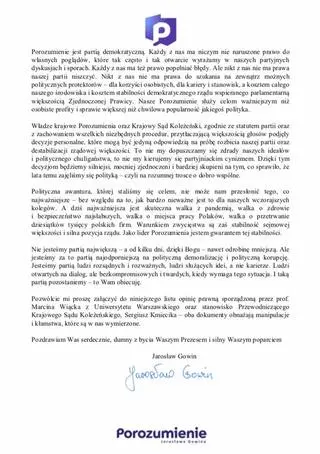 List Jarosława Gowina do działaczy Porozumienia