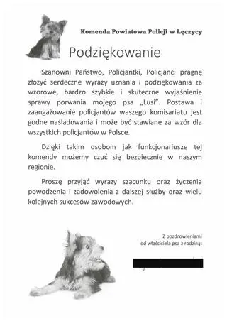 Podziękowania od właścicieli Lusi dla policjantów