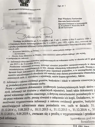 Pismo CBA w sprawie senatora Brejzy i jego żony 