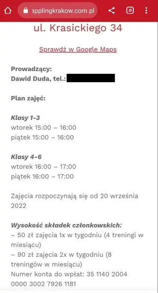 Archiwalny zrzut ekranu ze strony stowarzyszenia Grappling Kraków