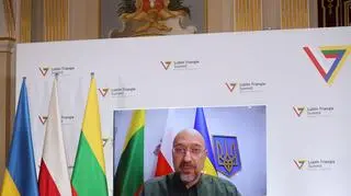 Ukrainian Prime Minister Denys Shmygal speaking via videolink